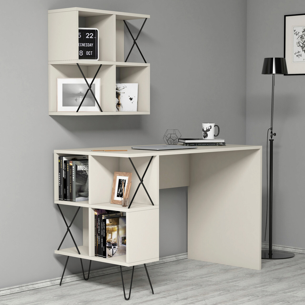 Birou, Hanah Home, Extra 2, 120x78.8x60 cm, Crem/Negru - imagine 6